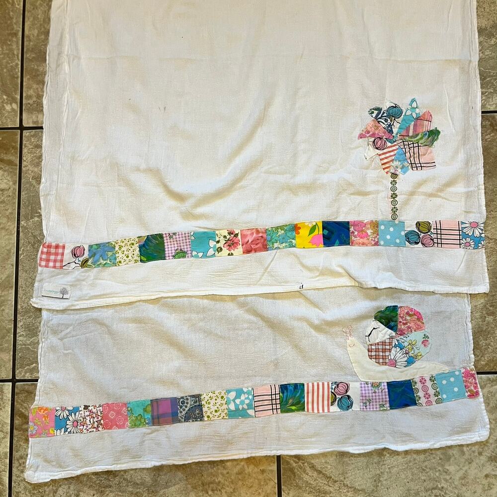 Handmade Patchwork Tea Towels Snail Pinwheel Applique Oversized Cotton Set 2